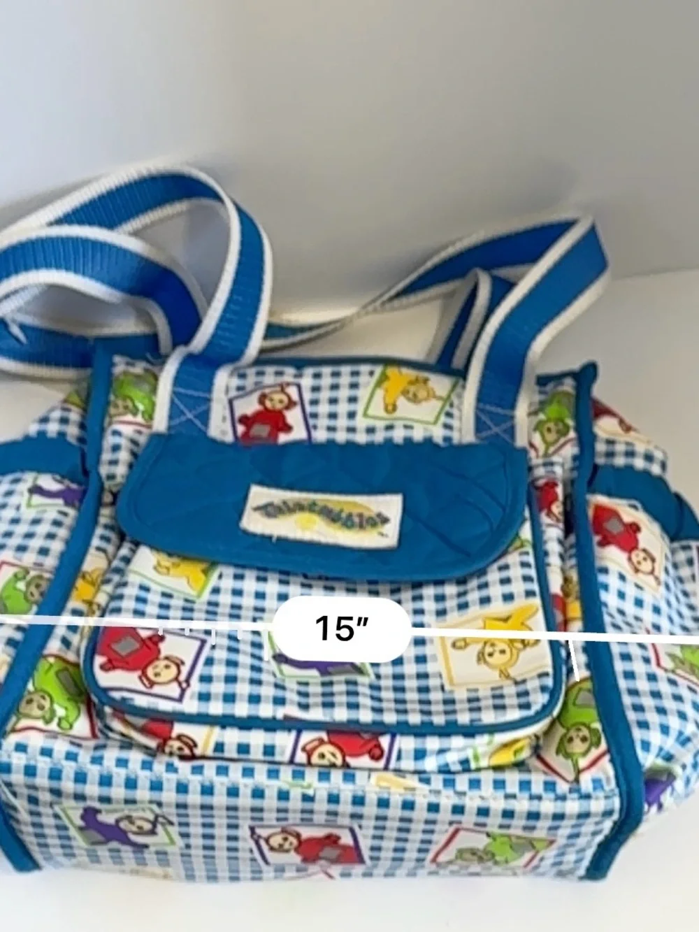 vintage 1990s Ragdoll Teletubbies blue and white gingham diaper bag